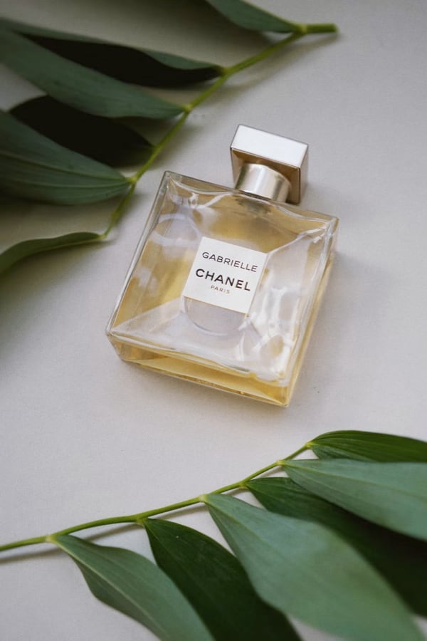 a chanel perfume bottle laid on a grey surface surrounded by green leaves